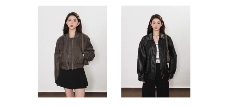 Lautaro Spring Autumn Cool Handsome Soft Vintage Distressed Brown Pu Leather Jacket Women Long Sleeve Luxury Designer Clothing