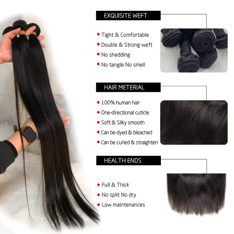 Bone Straight Human Hair Bundles 30 Inch Brazilian Weave Hair 3/4 Pieces For Black Women Bundles Straight Remy Hair Extensions