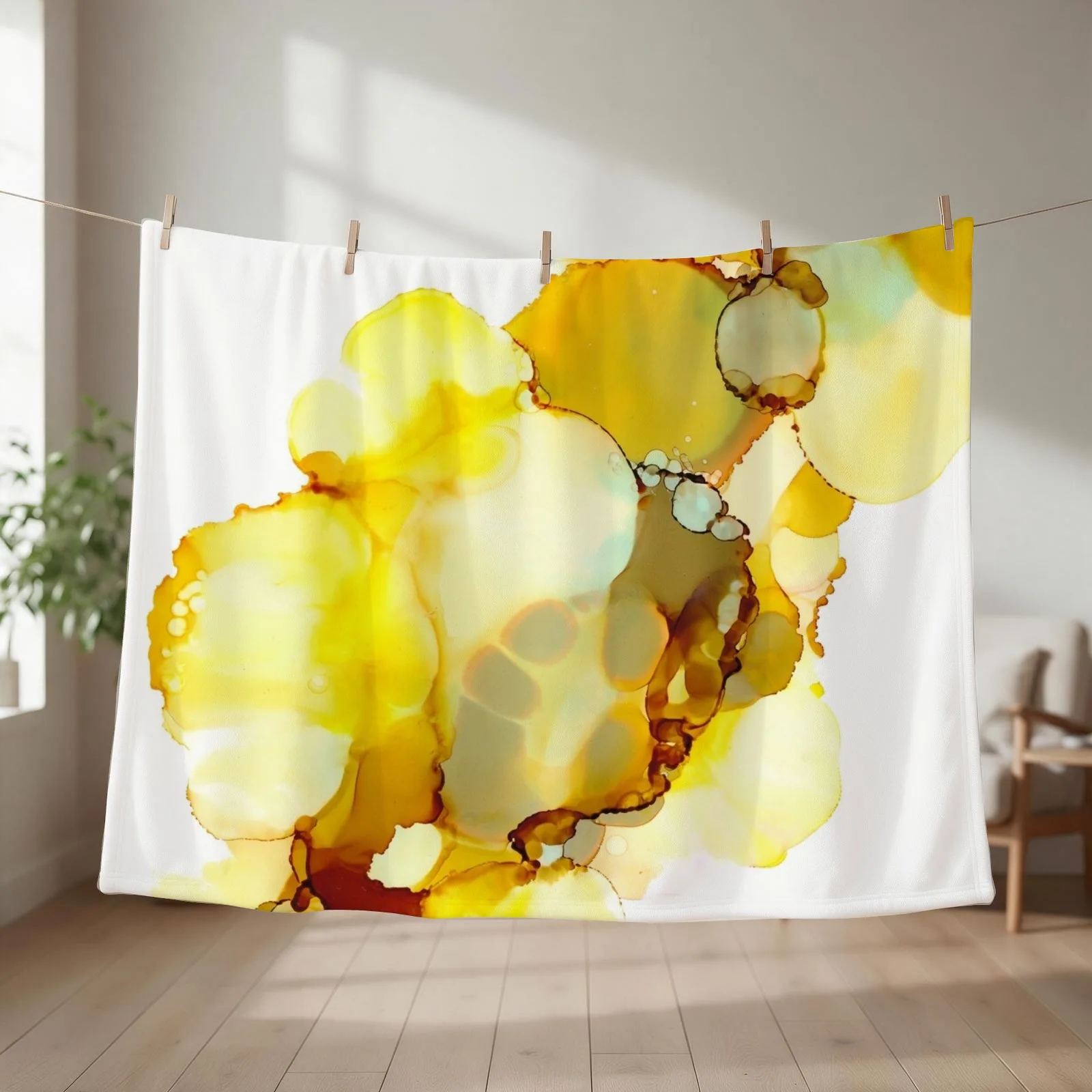 Yellow & Grey Artwork | Alcohol inks Throw Blanket couch cozy soft plush fuzzy picnic outdoor blanket