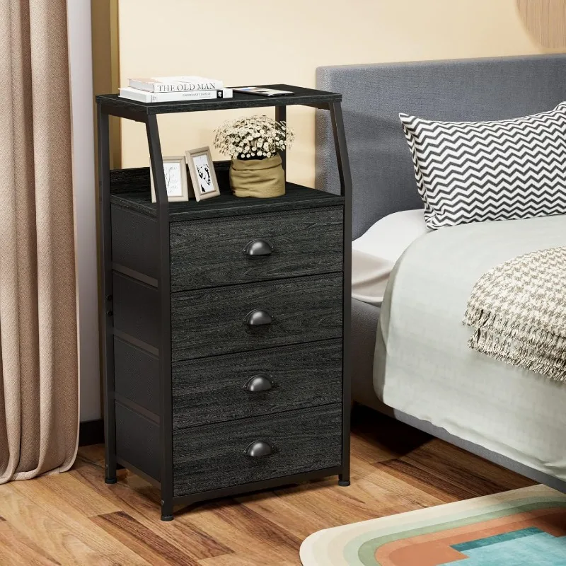 High 4-drawer dresser, vertical storage tower black dresser, bedroom bedside table, sturdy steel frame, wood countertop