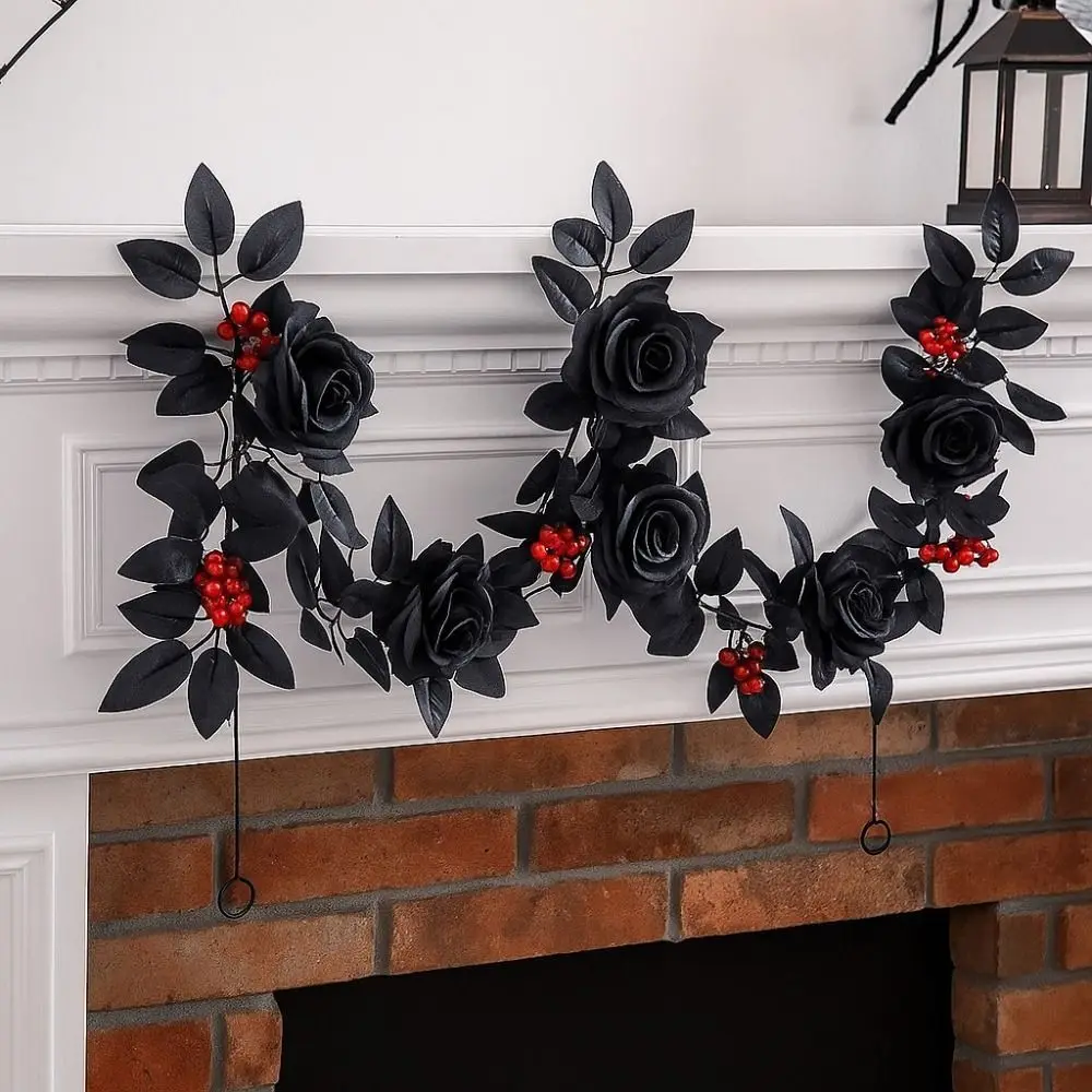 

Black Halloween Rose Leaf Vines Simulated Flowers 175cm Artificial Rose Vines Handmade Realistic Halloween Garland Home Decor