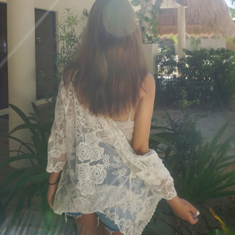 Kimono playa con frente abierto y encaje transparente informal para mujer