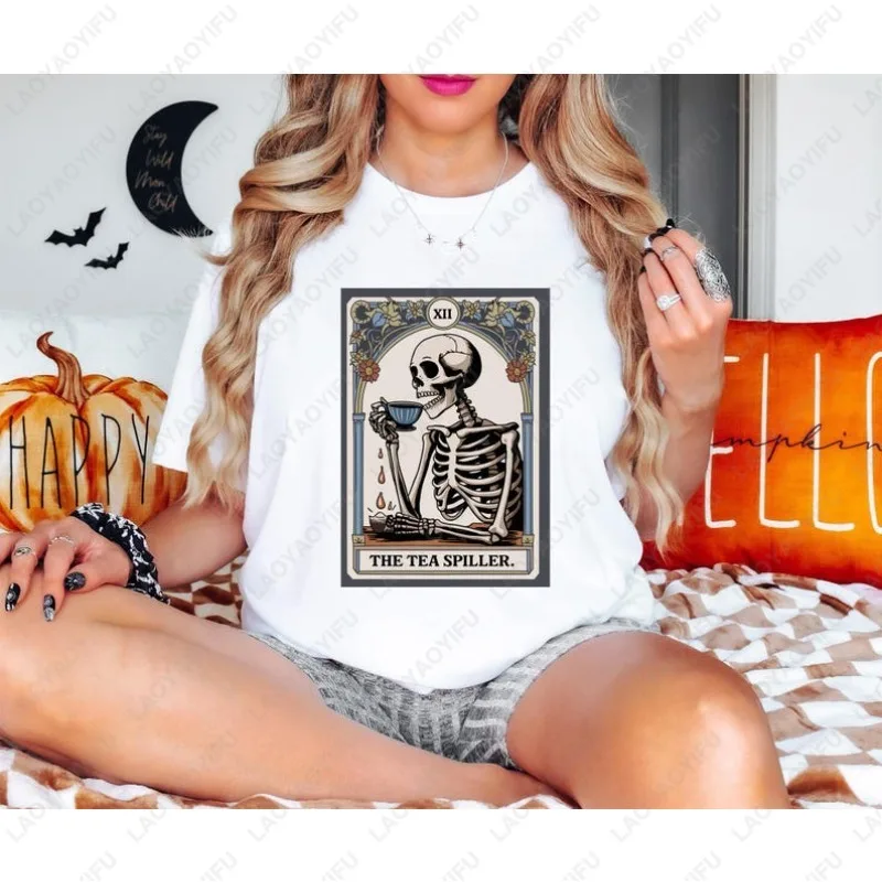 

The Tea Spiller Skeleton Graphic TShirt Funny Tarot Card Cute Gossip Quote Gift for Tea Lovers Men Women Cotton Halloween Tees