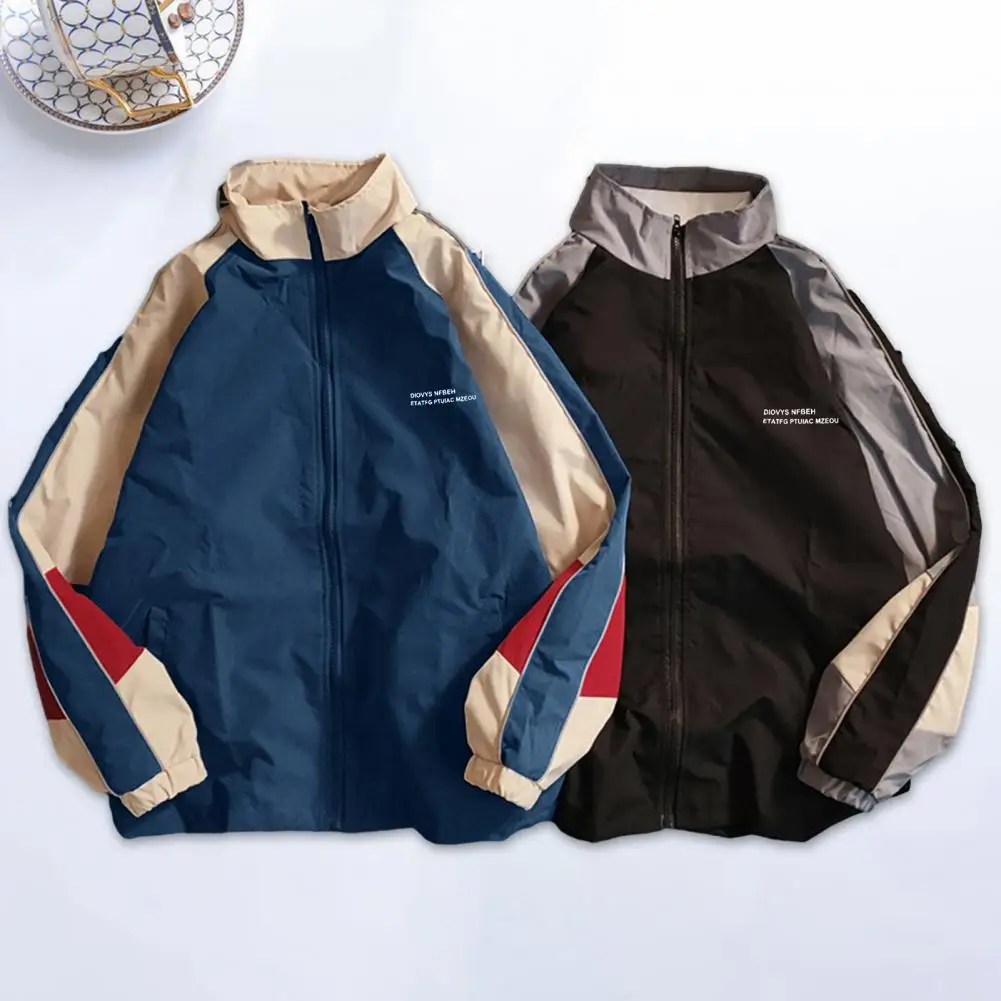 

Color Block Jacket Men Jacket Vintage Color Block Men's Jacket with Zipper Closure Stand Collar Windproof Streetwear for Spring