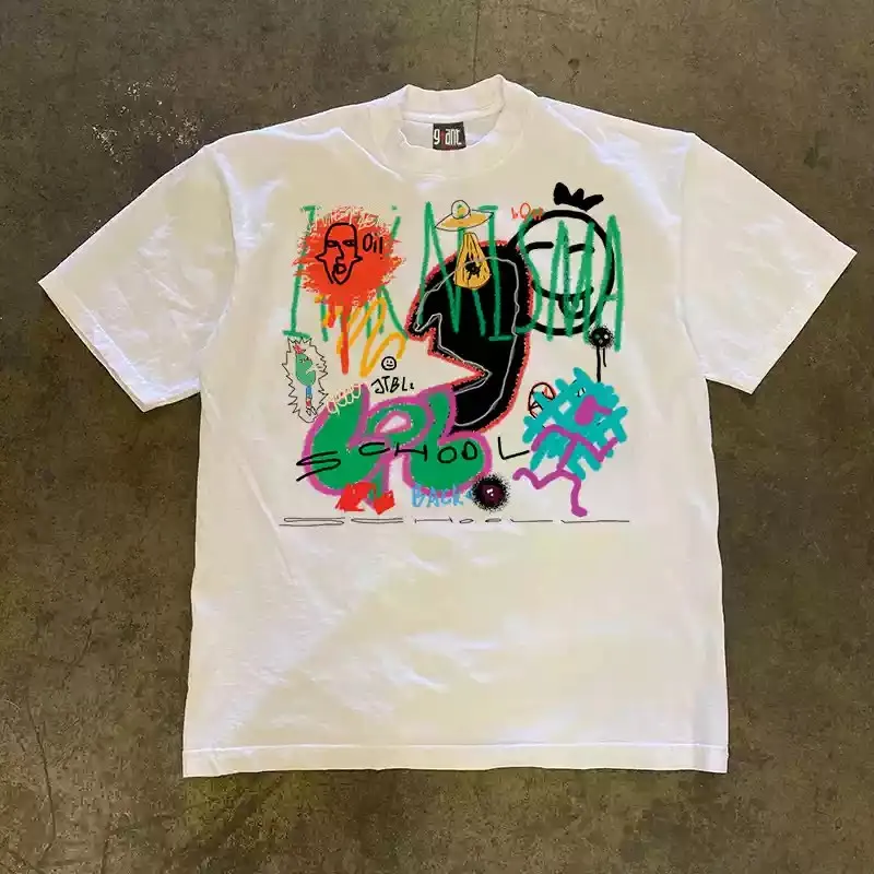 Unisex Abstract Doodle Face Graphic T‑Shirt Men Women Colorful Hand Drawn Graffiti Street Art Print Tee 100% Cotton Loose Casual Streetwear Short Sleeve T Shirt.