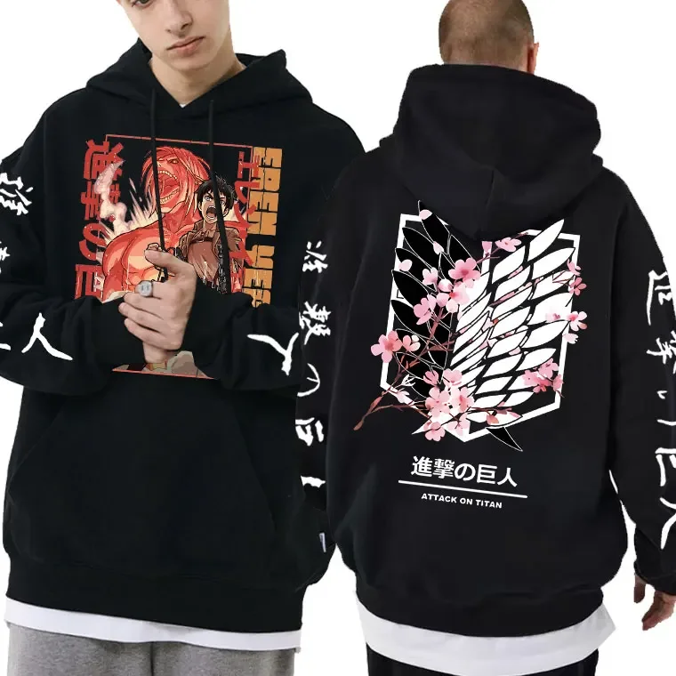 

Anime Eren Jaeger Attack on Titan Double Sided Print Hoodies Men Women Fashion Manga Graphic Hoodie Unisex Oversized Loose Tops