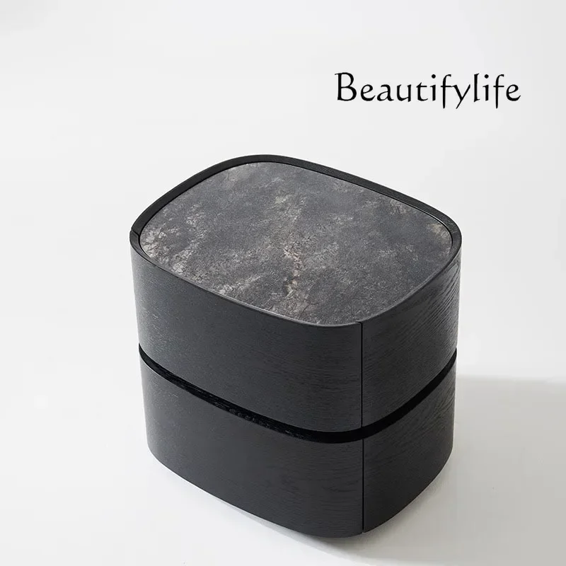 

J W Italian Minimalist Bedside Table Designer Modern Solid Wood Black Rock Slab Chest Bedroom Light Luxury Creative Bedside Tabl