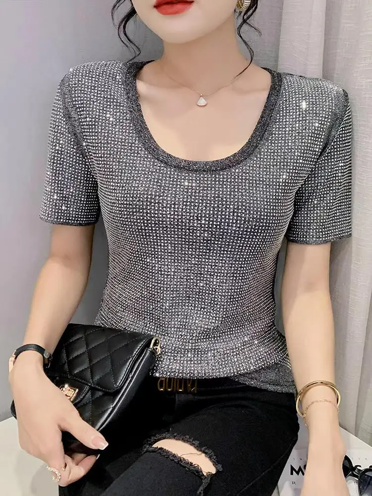 

Summer Fashion TShirts Girl Diamonds O Neck Short Puff Sleeve Black White Tee T-Shirt Women's Elegant Bling Tops