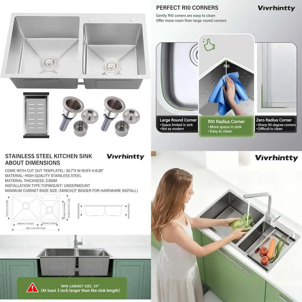 

Double Bowl 30-inch Stainless Steel Kitchen Sink with Nano Coating, Drop-in/Top-Mount, Includes Drain and Fruit Basket for Enhan