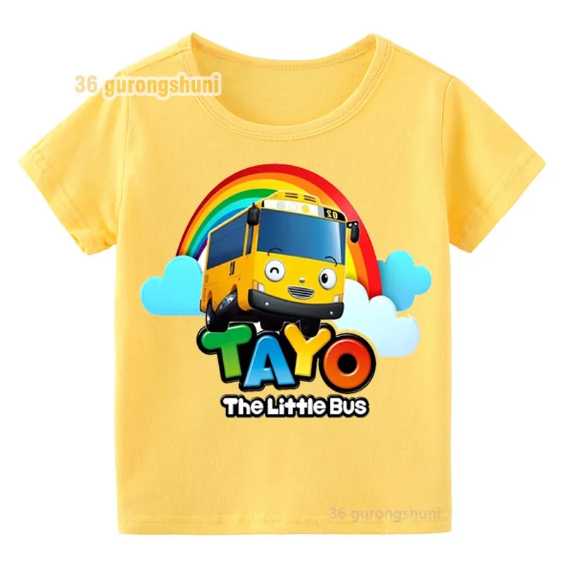 T-shirt dla dzieci dla chłopców dziewcząt ubrania dla dzieci tshirt dziewczyna Cartoon Korea Tayo mały autobus graficzny z krótkim rękawem żółte