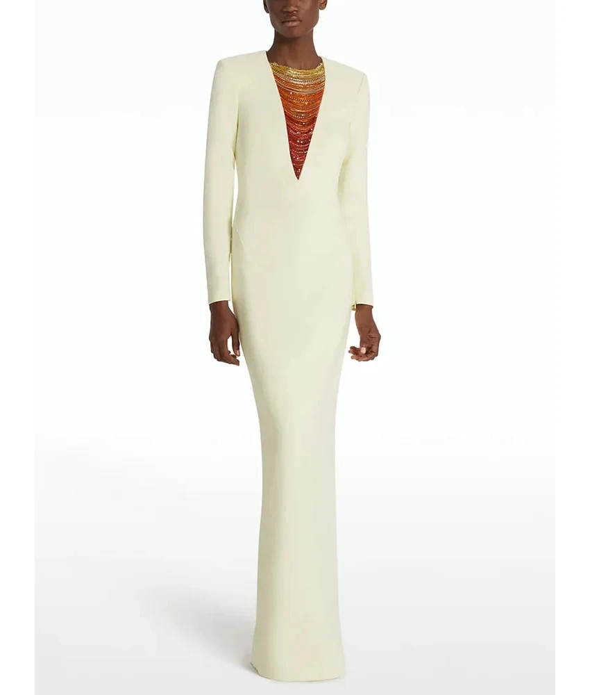 

MCDV Customized Exquisite Beading Crystal Jersey Straight Evening Dress Temperament V-Neck Long Sleeves Floor Length Prom Gowns