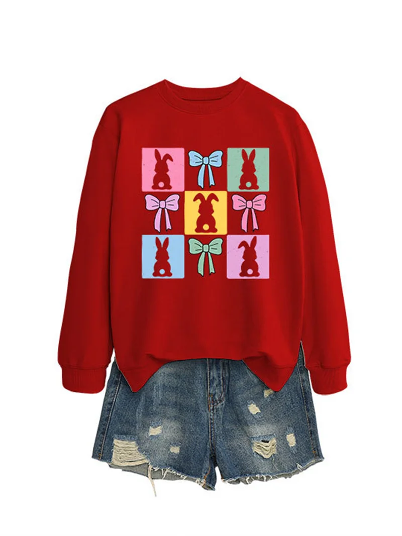 New spring and autumn cotton casual girls with comfortable bow rabbit loose fashion crew-neck hoodie base shirt