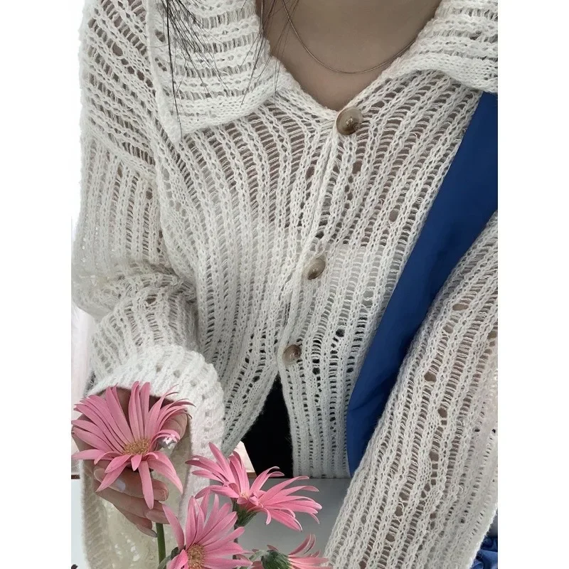 

Выдалбливают женские свитера, вязаный кардиган, повседневный винтажный корейский стиль, элегантный прозрачный трикотаж с длинными рукавами, свободный