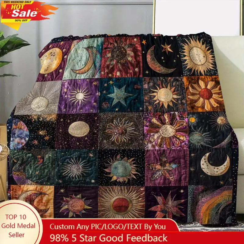 

1pc Vintage Sun and Moon Print Flannel Blanket Soft Cozy All-Season Throw for Sofa Bed Office Camping Gift for Any Cute Blanket