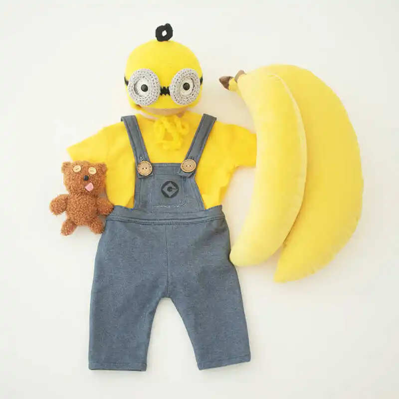 Cartoon Minions Set Strap Pants Doll Hat Combination Baby Studio Clothing Photography Newborn Props disfraz bebes  아기 코스프레