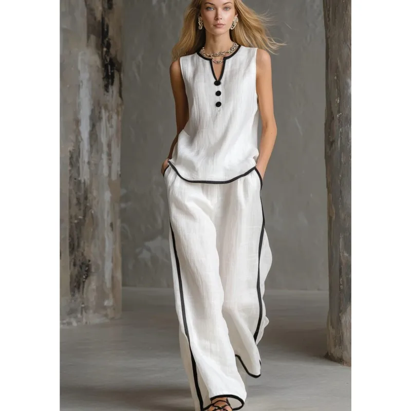 Women's Summer Sleeveless Top Two-piece Suit Fashion Color Blocked Office Set Ladies Casual V-neck Wide Leg Pants Office Outfit