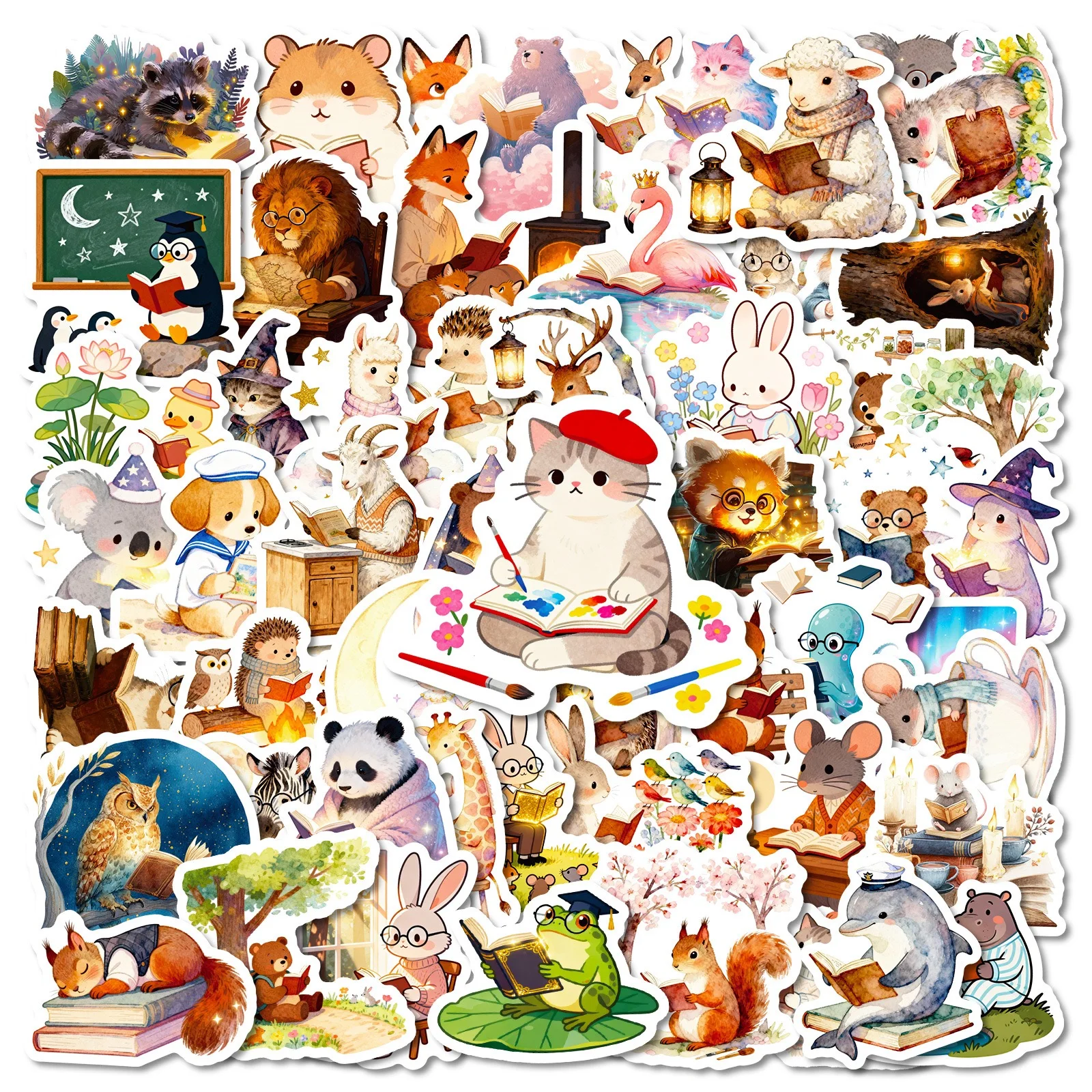 

10/56Pcs Cute Funny Animal Reading Books Kindle Stickers Aesthetic Girls Decals Scrapbooking Notebook Laptop Phone Diary Sticker