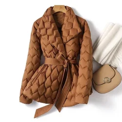 2024 Elegant Style Cotton Jacket Women Water Wave Pattern Quilted Light and Thin Cotton Coat with Lapel Waist Belt Mid Length