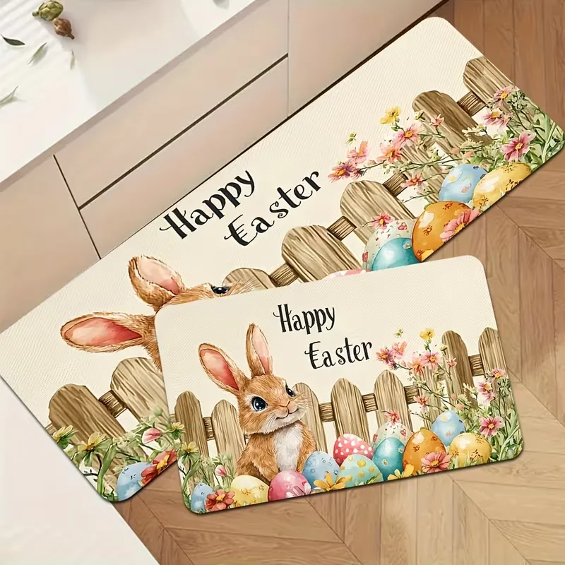 Rutschfeste Küchenmatte mit Osterhasen-Aufdruck, Teppich mit Frohe Ostern-Design und niedlichem Kaninchen für Küche, Badezimmer und Heimdekoration