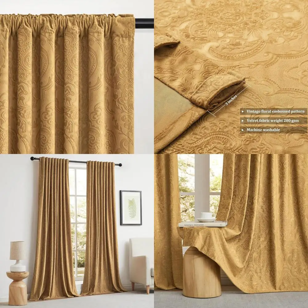 

96 Brown Gold Floral Embossed Thermal Insulated Curtains for Living Room, Vintage Style Blackout Panels