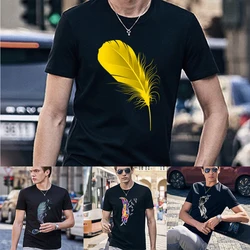 2023 Summer Men Clothes Short-sleeved T-shirt Casual Breathable Male Clothing O-Neck T Shirt Feather Printed Fashion New Tops