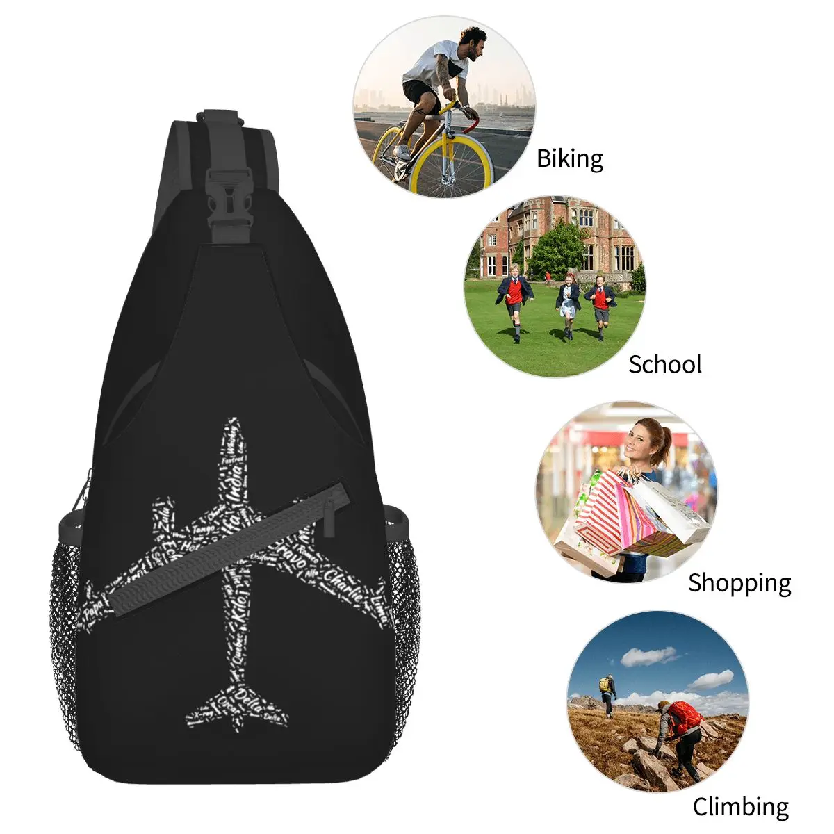 Alfabet Luchtvaart Crossbody Sling Tas Kleine Borst Tas Vliegtuig Vliegen Piloot Schouder Rugzak Dagrugzak Wandelen Reizen Camping Boekentas