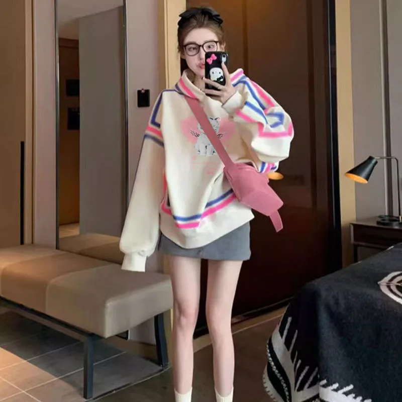 Women's Sweater Personality Cartoon Printed Pullover Top Mid-length Hoodie Color Line Fashion Korean Style Street Thin Y2k