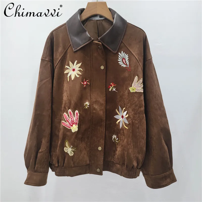 

Fashion Retro Brown Embroidered Lapel Suede Jacket for Women 2025 Autumn New High-end Long Sleeve Loose Elegant Coat Top
