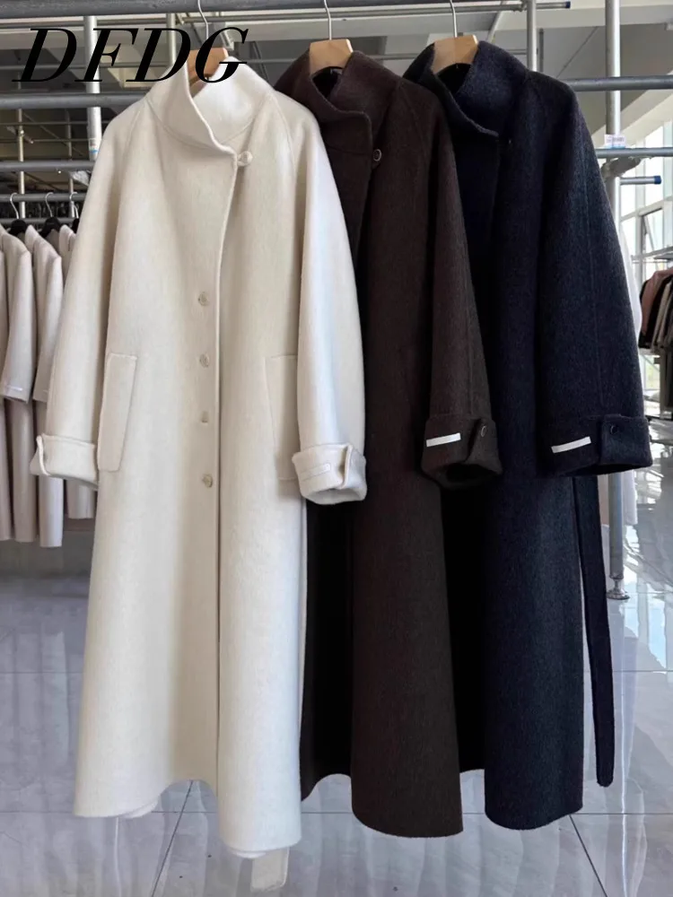

DFDG 2025 Women’s Double-Faced Cashmere Overcoat Hand-Stitched Stand Collar Long Coat Raglan Sleeve Cuff Detailing Winter Coat