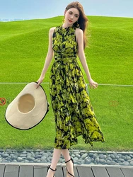 Beach Resort Style Long Dress for Women's Holiday Green Flowers Print Chiffon Lace Up Bandage Waist Closed Robe Vacation Vestido