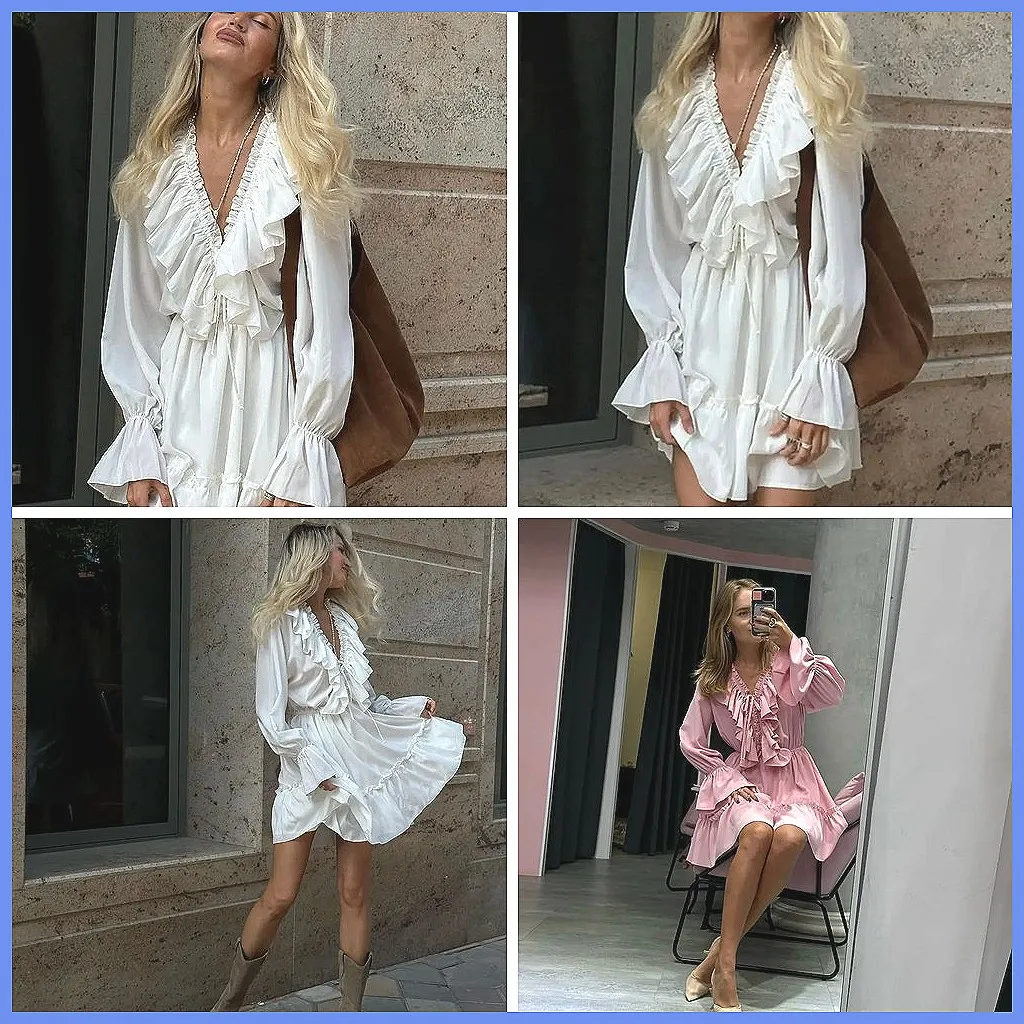 

White Ruffle V-Neck Mini Dress with Bell Sleeves | Drawstring Waist Summer Dress for Women
