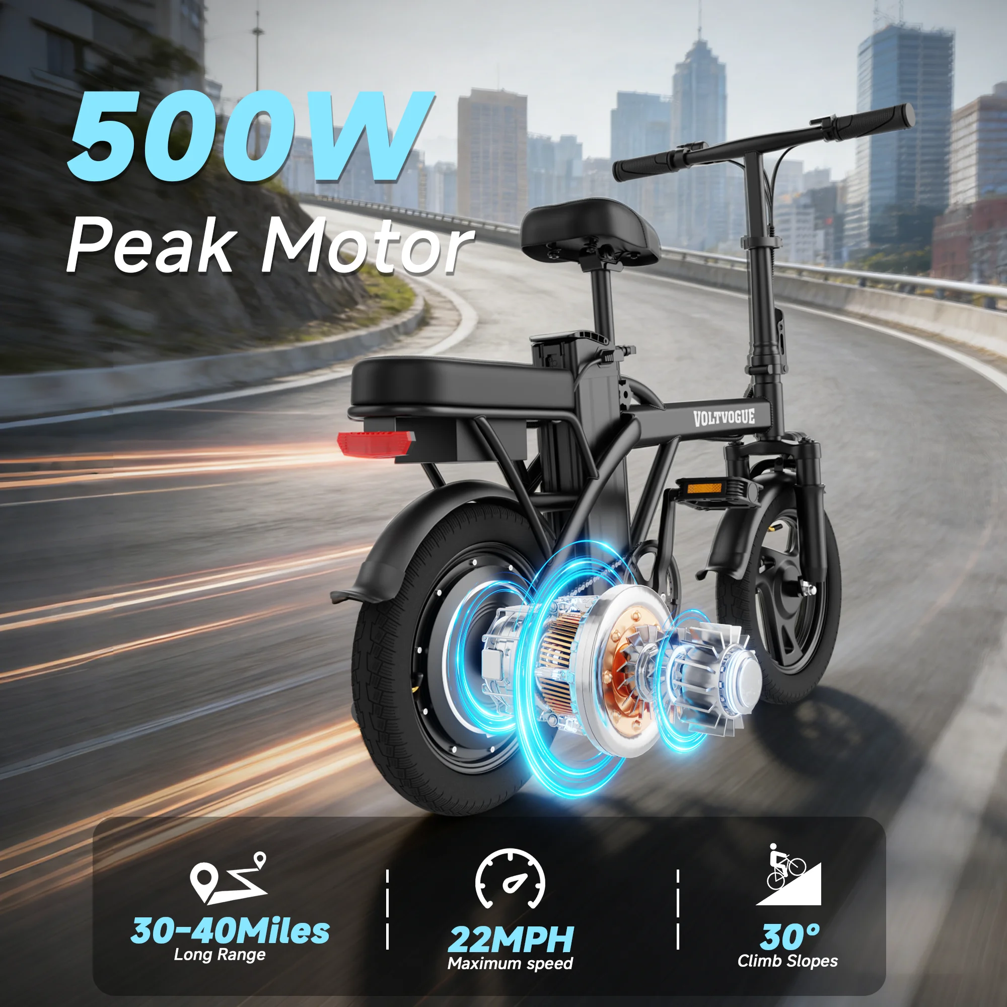 Bicicleta Eléctrica Plegable de 500W 48V 9Ah, 22MPH 40 Millas, 14 Pulgadas, Todoterreno, para Adultos, con Suspensión, Entrega Rápida de 3-7 Días, 365 Días de Garantía, Ideal para Viajes Diarios, Disponible en la UE 5