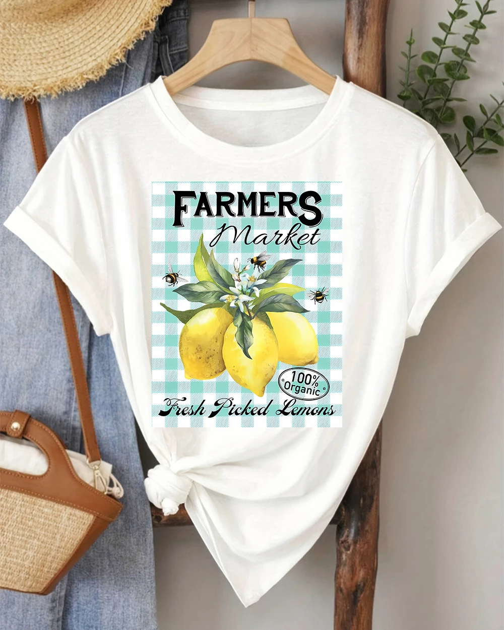 

Farmers Market Fresh Picked Lemons Basics Women T-Shirt Summer Casual T Shirts Soft Slimming Tee Top Casual Retro Streetwear