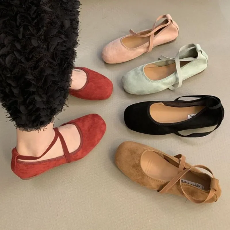 Baletki damskie Velvet Thin Shoes Mary Jane Loafers Square Toe Pumps Elastic Band Slip-on Casual Shoes Soft Lady Work Shoes