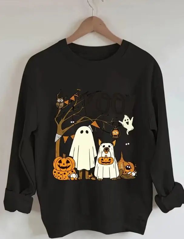 Dog Ghost Sweatshirt Women Halloween Dog Lover Pullover Funny Boo Ghost Pumpkin Graphic Sweatshirts Casual O Neck Top