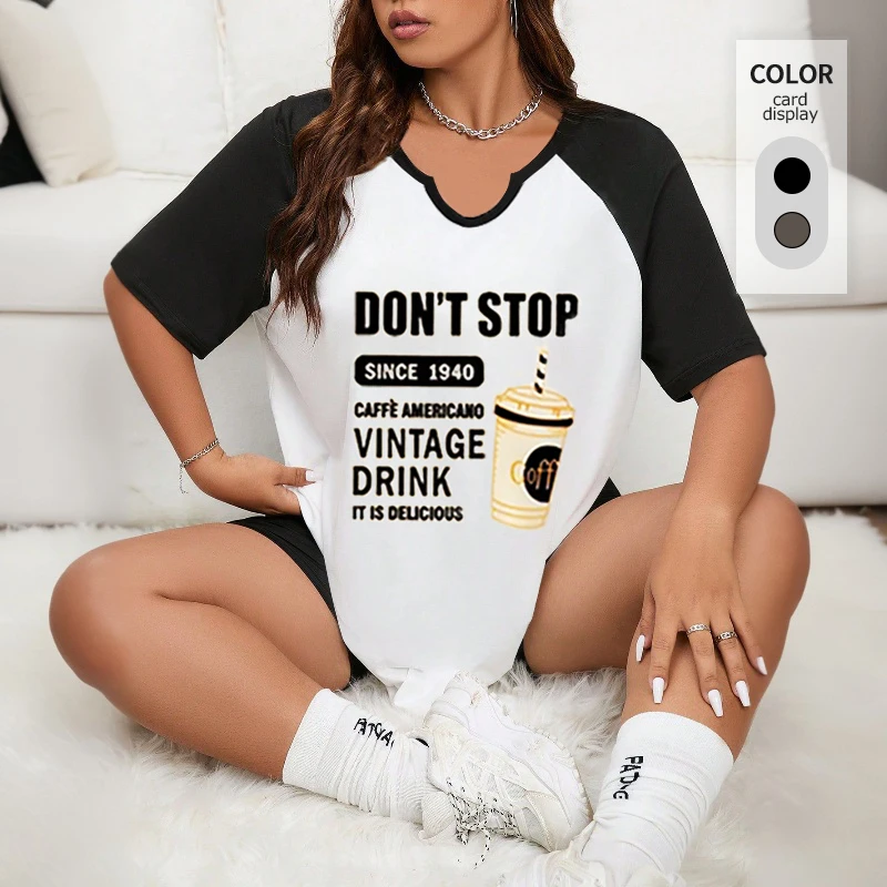 

【Большой размер】Женская винтажная футболка реглан с короткими рукавами и кофейным рисунком, свободная универсальная футболка с принтом, модные топы реглан