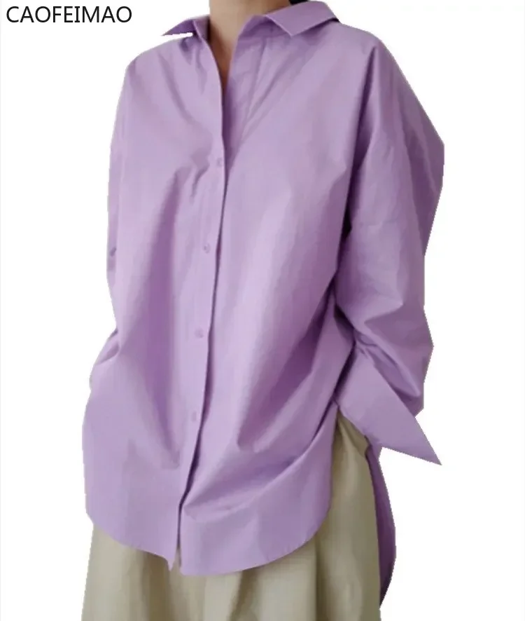 Casual Loose Long Shirt Women Solid Colour Oversize V-Neck Long Sleeve Button Top Shirt Blouse ropa mujer блузка женская 2025