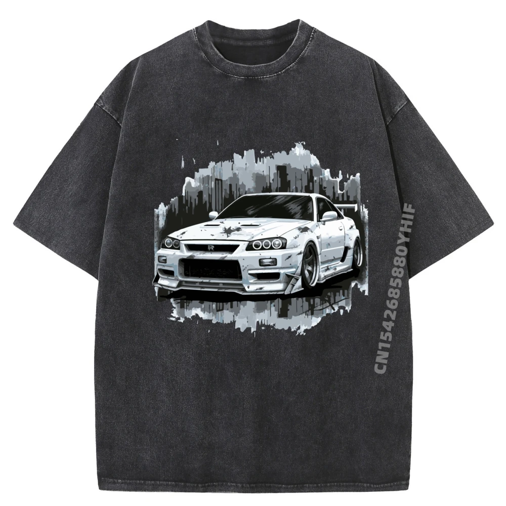 

Skyline Gt R34 Japanese Car Outdoor Graphic Tees Mens Streetwear Washed Tshirts Hip Hop Mens Printed T Shirts