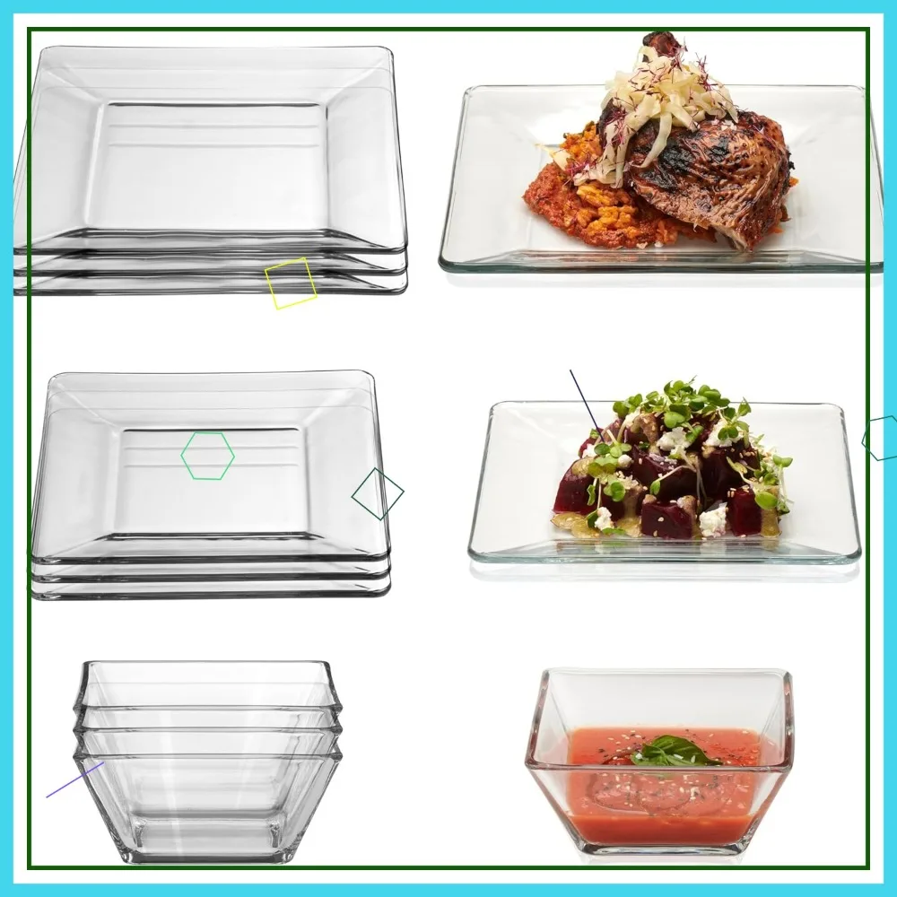 

Набор из 12 элегантных квадратных прозрачных стеклянных тарелок и мисок, пригодных для мытья в посудомоечной машине, для вечеринок или повседневного использования