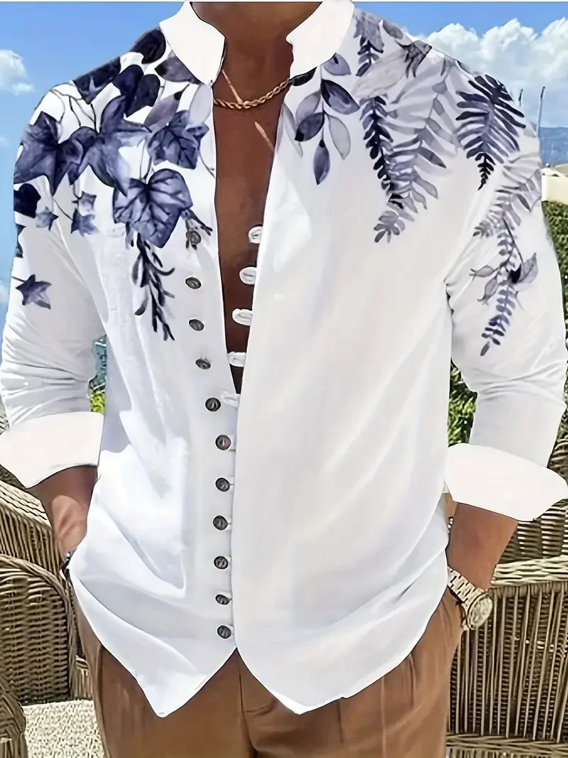 Men Grey Stand Collar Leaf Floral Print Long Sleeve Shirt Button Front Casual Vacation Party Tops