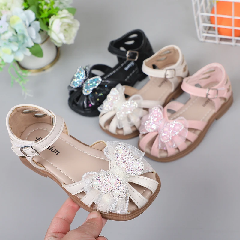 Shine Children Sandals for Girls Butterfly Cute Designer Kids Shoes Peep-toe Korean Style 2023 Summer New Soft Breatheable Chic