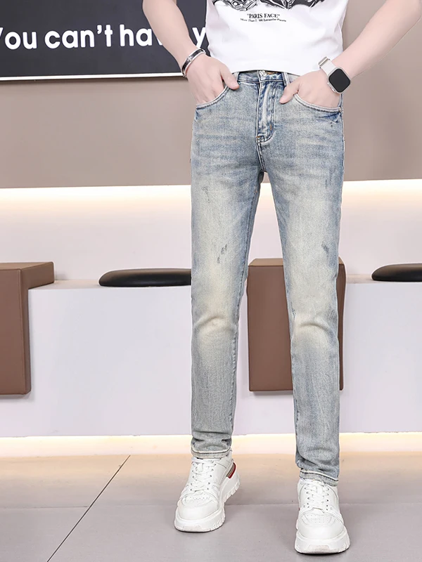 

Роскошные мужские облегающие эластичные джинсы в стиле ретро в американском стиле, повседневные универсальные длинные брюки, хлопковые эластичные прямые брюки, модные для похудения