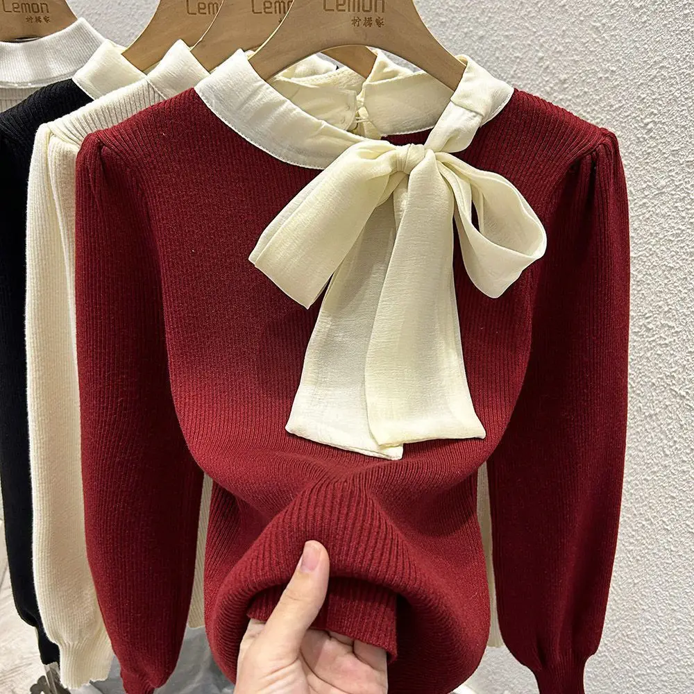 Korean Version Age Reducing Fashion Design Knitted Sweater for Women\'s Spring Autumn Tie Bow Stylish Versatile Long Sleeves Top