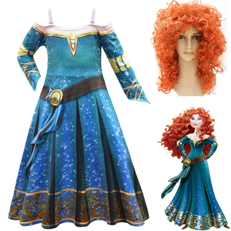 Halloween Girls Merida Dress Brave Performance Costume Summer Birthday Party Feifei Sleeves Green Gothic Vintage Dresses Wig