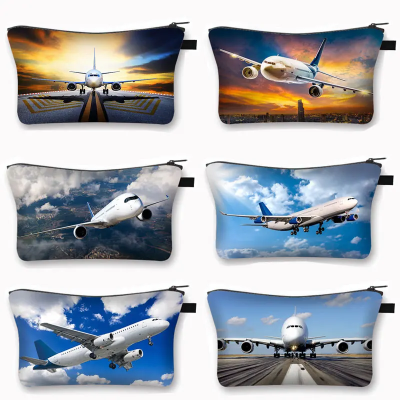 Airplane Print Cosmetic Bag Woman Makeup Bags Small Handbag Flights Lipstick Toiletries Bag for Travel Girl Cosmetic Case Gift