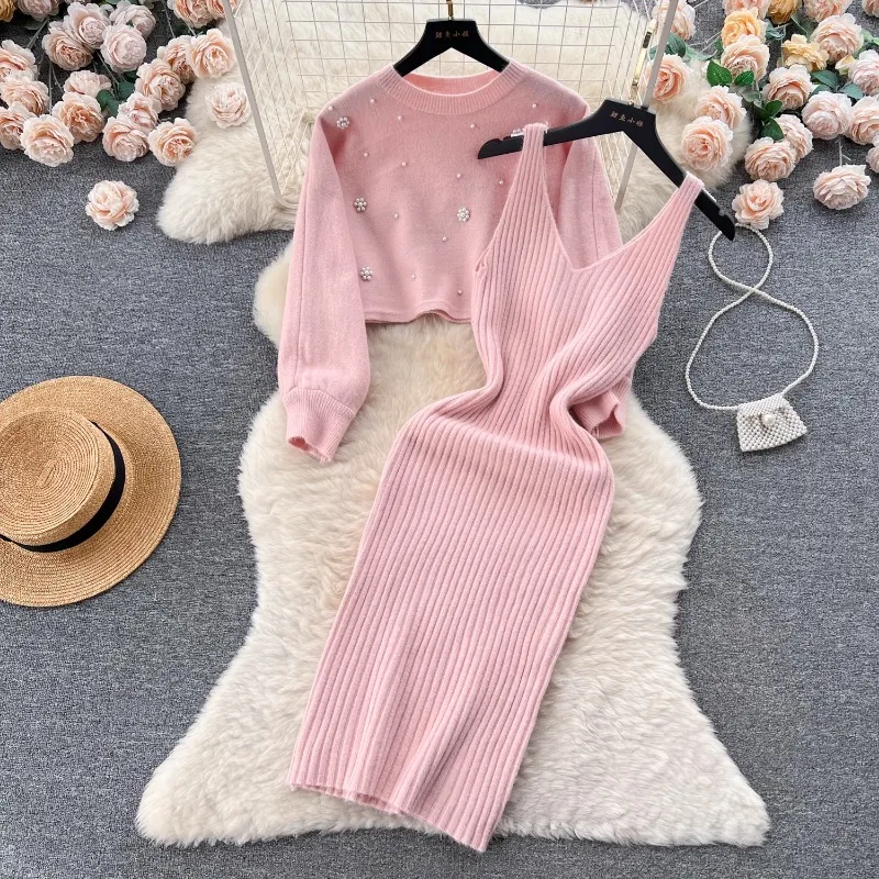 OCEANLOVE Beading Knitted 2 Piece Sets Women Outfit Solid Autumn Winter Elegant Sweater Dress Set Vintage Conjuntos Femininos