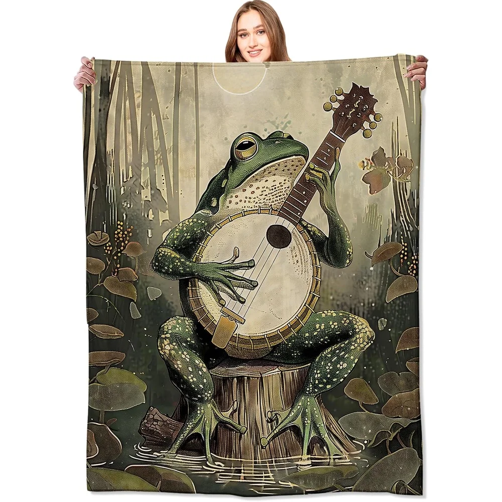 Banjo-Playing Frog Blanket Whimsical Woodland Throw Blankets with Musical Animal & Moonlit Swamp, Birthday Gifts for Adult, Ligh