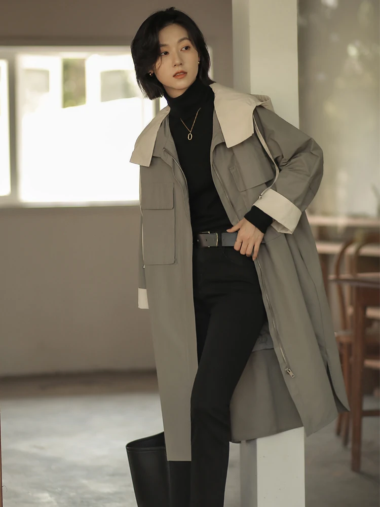 

Korean Artistic Spring 2026 Women's Long Sve Hooded Zipper Loose Slimming Workwear Sle Jaet Coat Commute Faion Polye...
