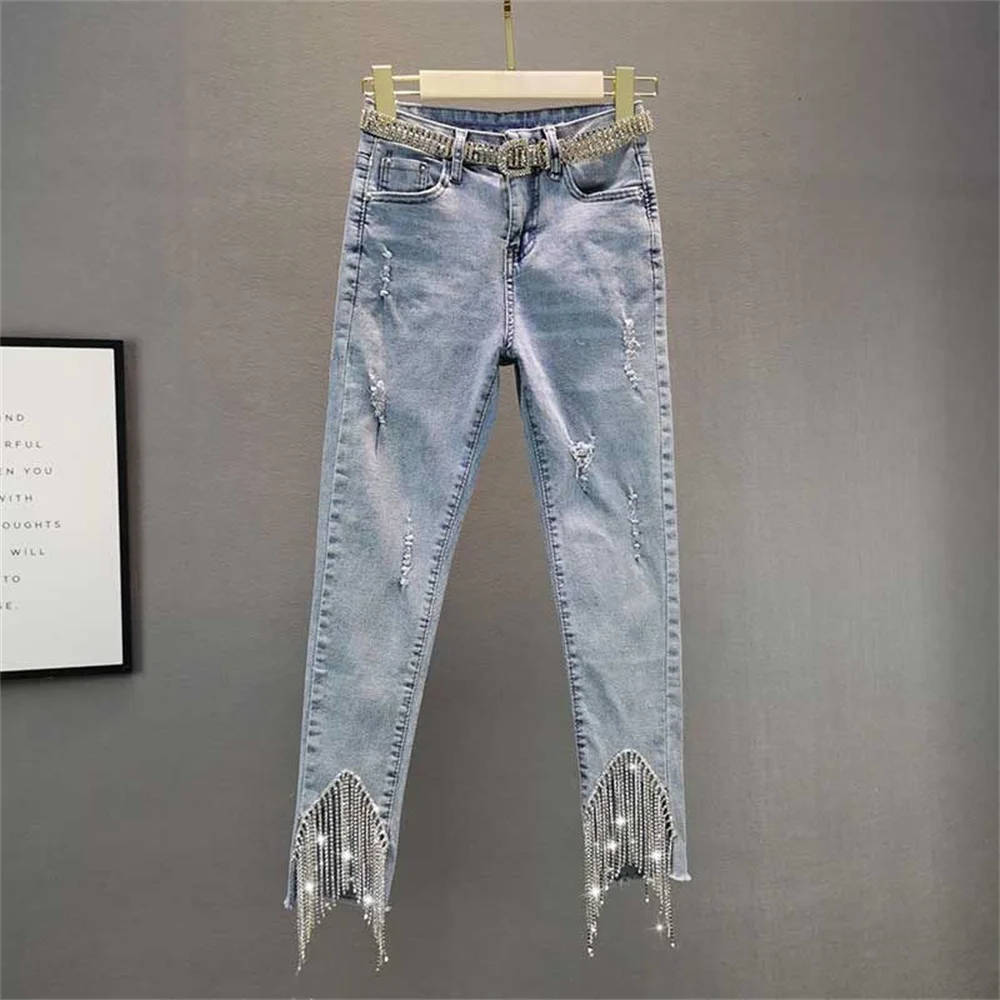 Imagem -06 - Jeans de Cintura Alta Feminina Versão Coreana Roupas de Verão Finas Franjadas de Diamantes Moda Feminina Calças de Nove Pontos Novo 2024