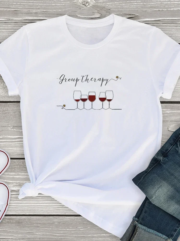 Rotwein glas Druck Kurzarm T-Shirt weiß O-Ausschnitt lose Sommer weiß T-Shirt Top Damen Kleidung lässig Kurzarm T-Shirt